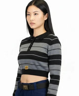 FB COUNTY WOMEN LONG SLEEVE CROP TOP - BLACK / GREY