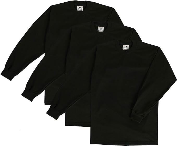 PRO CLUB HEAVYWEIGHT COTTON LONG SLEEVE CREW NECK T-SHIRT - BLACK 3 PACK