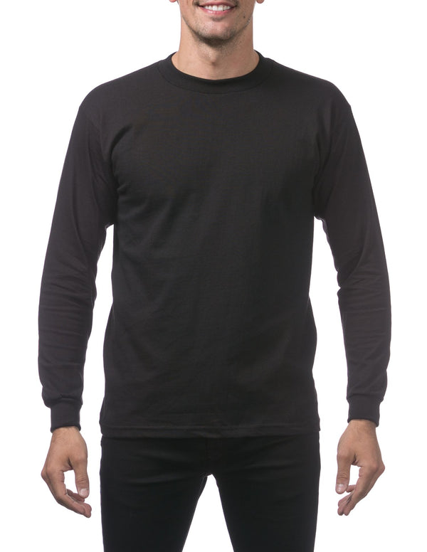 PRO CLUB HEAVYWEIGHT COTTON LONG SLEEVE CREW NECK T-SHIRT - BLACK FRONT SIDE