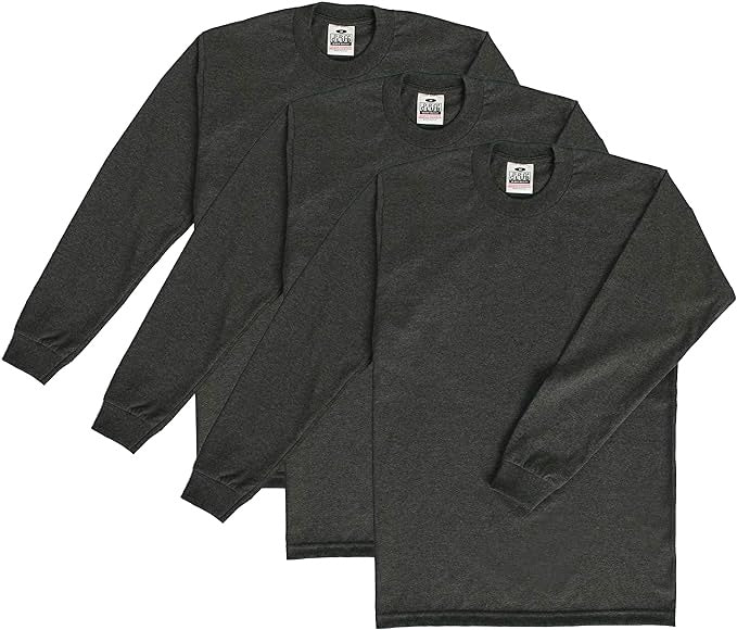 PRO CLUB HEAVYWEIGHT COTTON LONG SLEEVE CREW NECK T-SHIRT - CHARCOAL 3 PACK