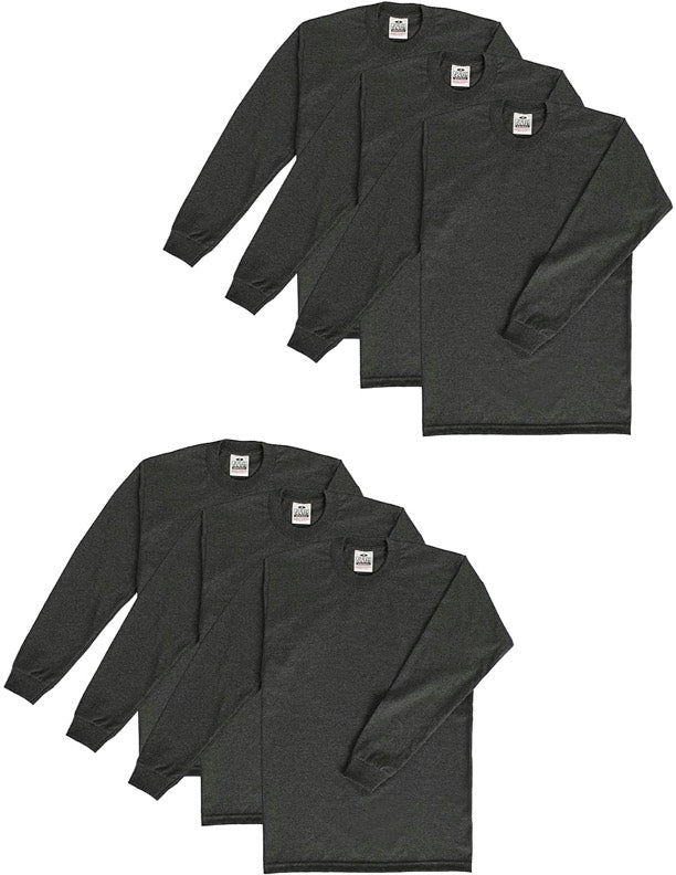 PRO CLUB HEAVYWEIGHT COTTON LONG SLEEVE CREW NECK T-SHIRT - CHARCOAL 6 PACK