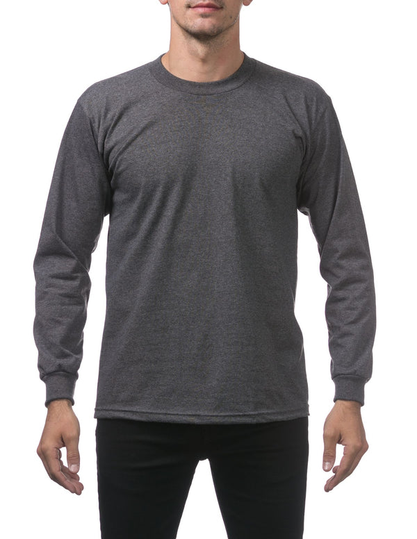 PRO CLUB HEAVYWEIGHT COTTON LONG SLEEVE CREW NECK T-SHIRT - CHARCOAL FRONT SIDE