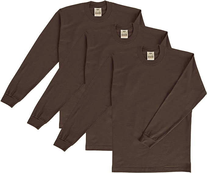 PRO CLUB HEAVYWEIGHT COTTON LONG SLEEVE CREW NECK T-SHIRT - DARK BROWN 3 PACK