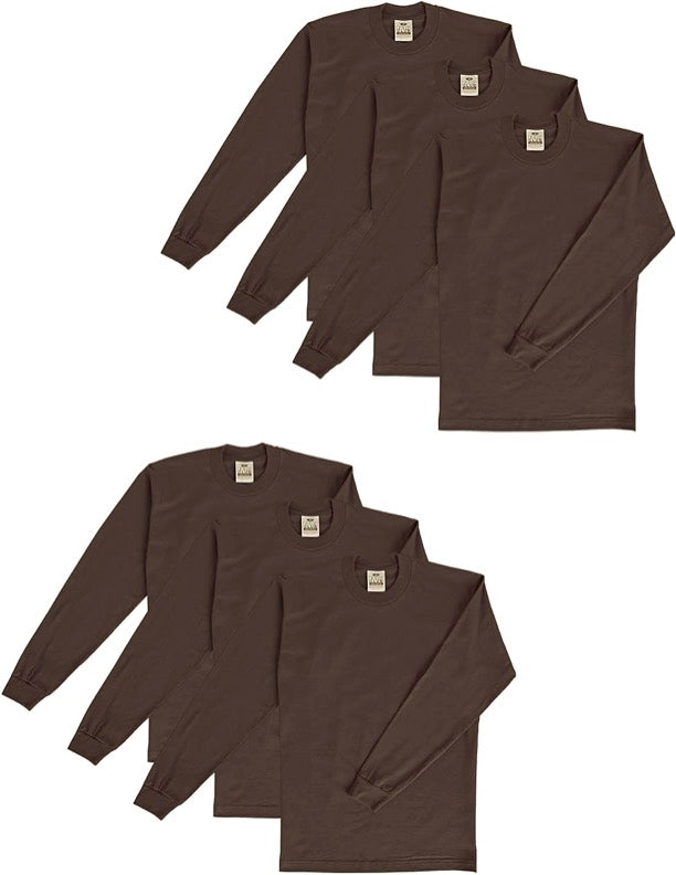 PRO CLUB HEAVYWEIGHT COTTON LONG SLEEVE CREW NECK T-SHIRT - DARK BROWN 6 PACK