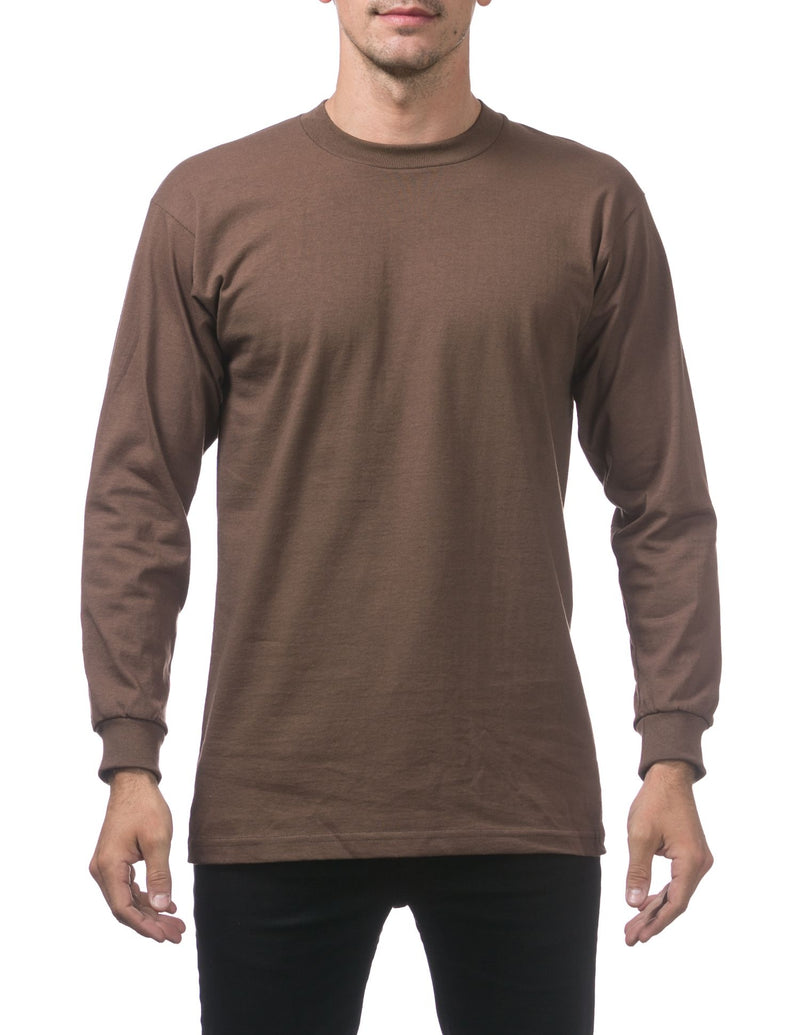 PRO CLUB HEAVYWEIGHT COTTON LONG SLEEVE CREW NECK T-SHIRT - DARK BROWN FRONT SIDE