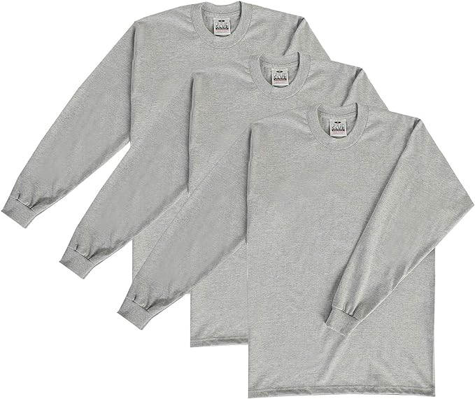 PRO CLUB HEAVYWEIGHT COTTON LONG SLEEVE CREW NECK T-SHIRT - HEATHER GREY 3 PACK