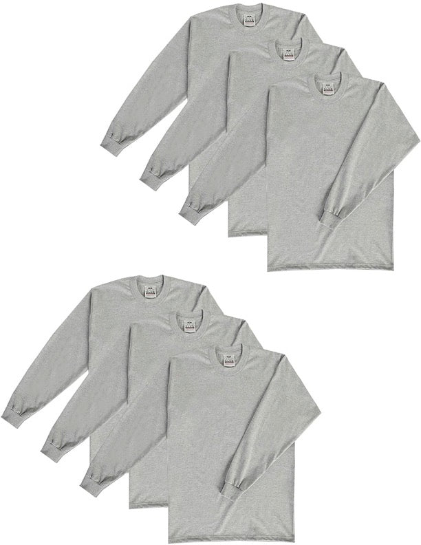 PRO CLUB HEAVYWEIGHT COTTON LONG SLEEVE CREW NECK T-SHIRT - HEATHER GREY 6 PACK