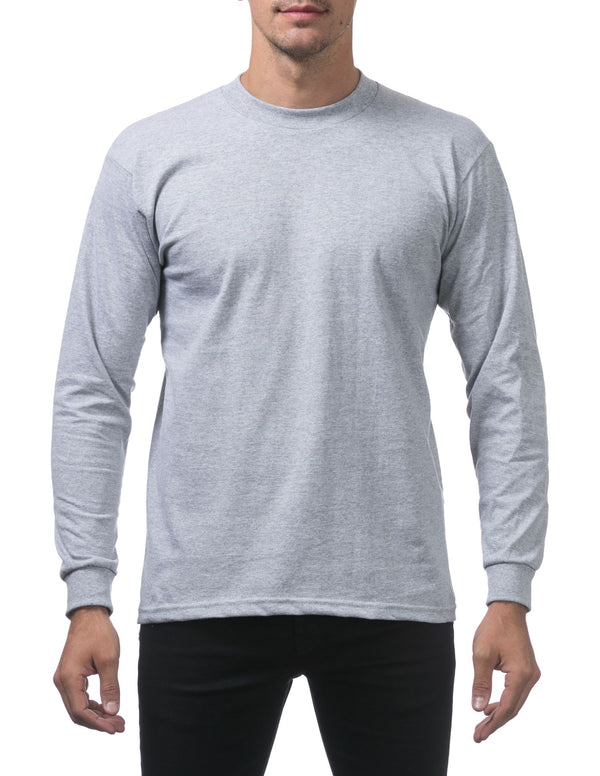 PRO CLUB HEAVYWEIGHT COTTON LONG SLEEVE CREW NECK T-SHIRT - HEATHER GREY FRONT SIDE