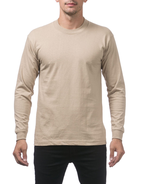 PRO CLUB HEAVYWEIGHT COTTON LONG SLEEVE CREW NECK T-SHIRT - KHAKI FRONT SIDE