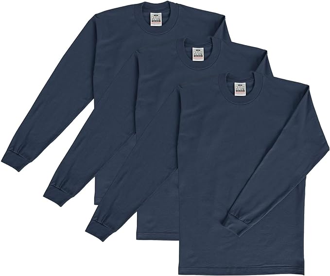 PRO CLUB HEAVYWEIGHT COTTON LONG SLEEVE CREW NECK T-SHIRT - NAVY 3 PACK