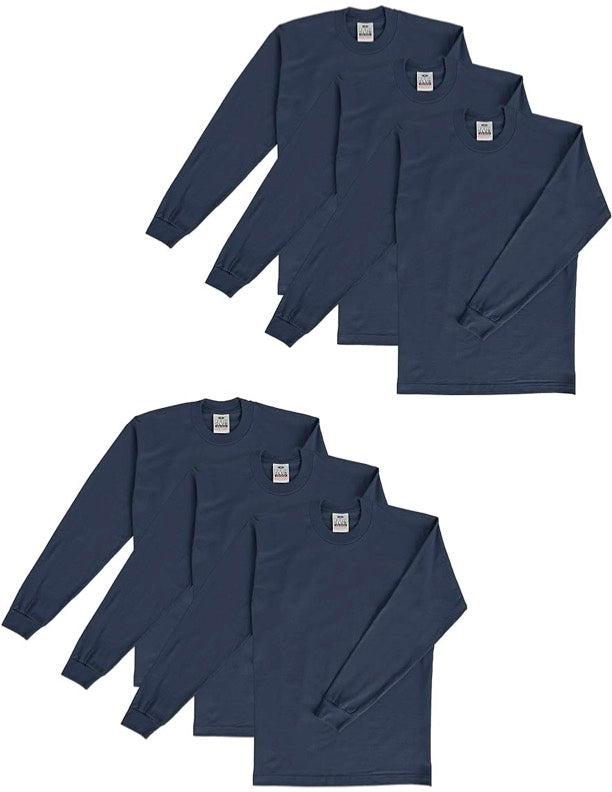 PRO CLUB HEAVYWEIGHT COTTON LONG SLEEVE CREW NECK T-SHIRT - NAVY 6 PACK