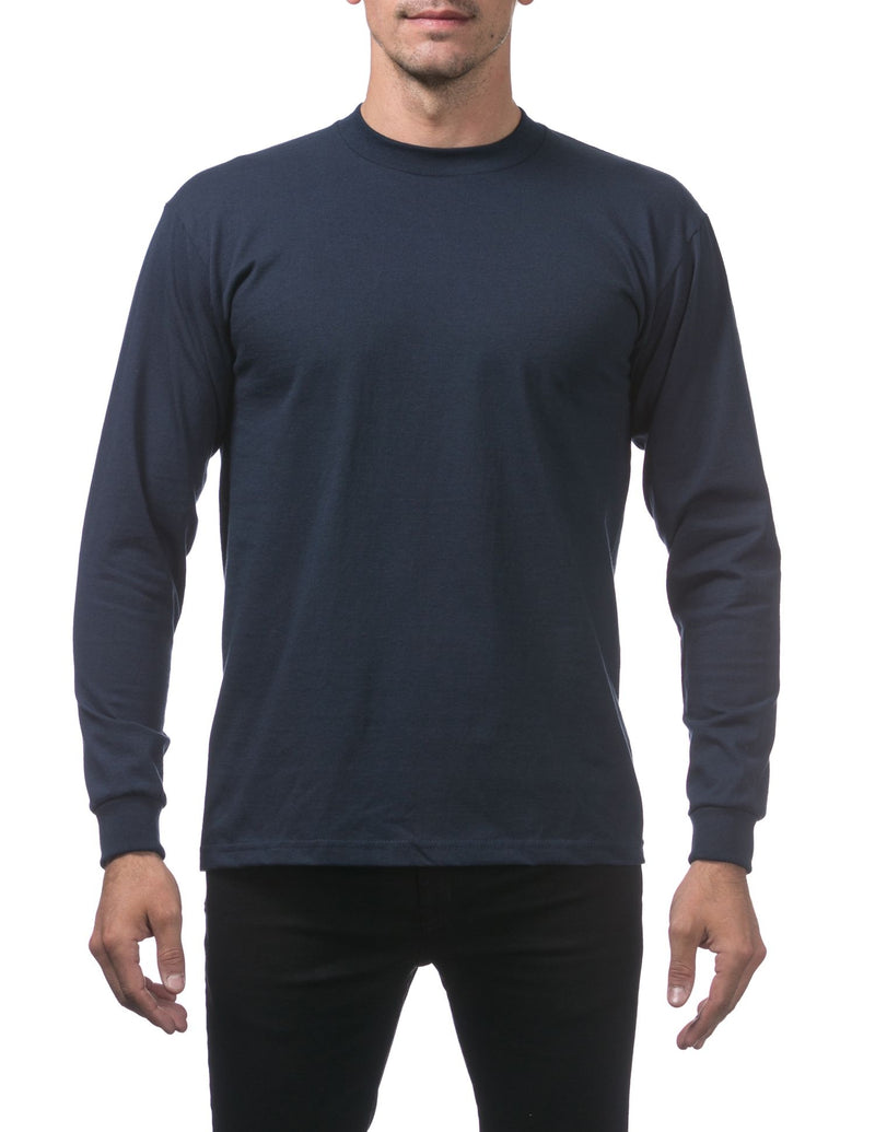 PRO CLUB HEAVYWEIGHT COTTON LONG SLEEVE CREW NECK T-SHIRT - NAVY FRONT SIDE