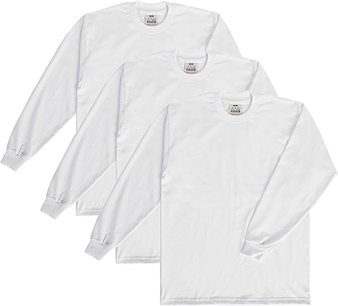 PRO CLUB HEAVYWEIGHT COTTON LONG SLEEVE CREW NECK T-SHIRT - WHITE 3 PACK