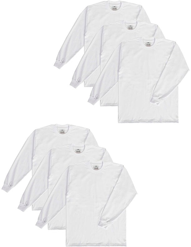 PRO CLUB HEAVYWEIGHT COTTON LONG SLEEVE CREW NECK T-SHIRT - WHITE 6 PACK