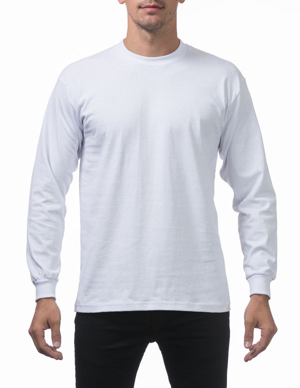 PRO CLUB HEAVYWEIGHT COTTON LONG SLEEVE CREW NECK T-SHIRT - WHITE FRONT SIDE