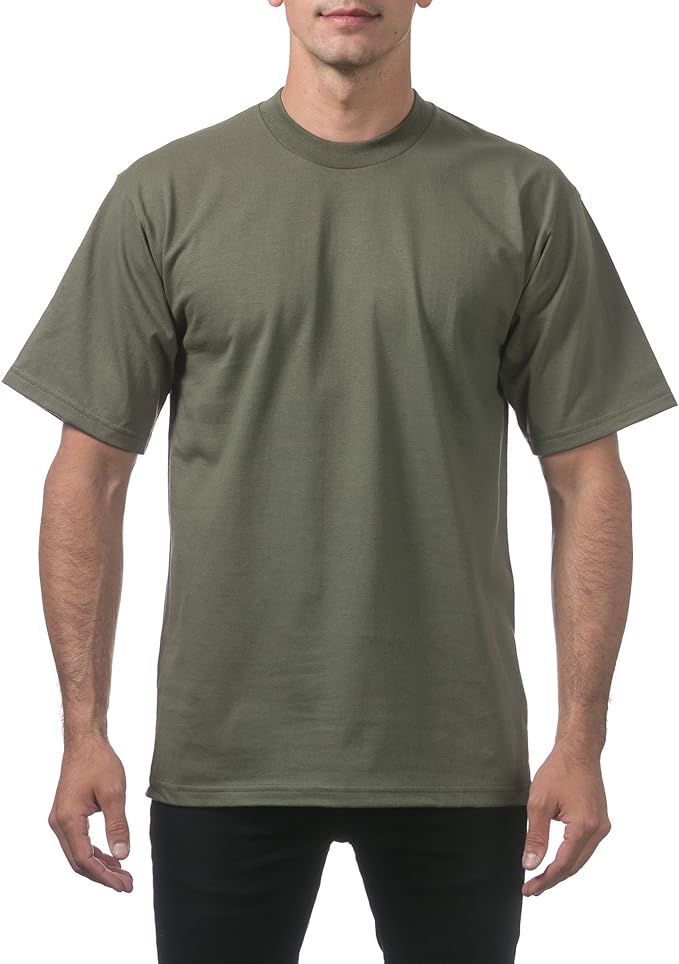 PRO CLUB HEAVYWEIGHT COTTON SHORT SLEEVE CREW NECK T-SHIRT - OLIVE GREEN FRONT SIDE