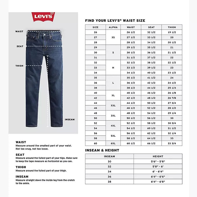 LEVI'S ORIGINAL MEN'S 501 SHRINK TO FIT JEANS - BLUE SIZE CHART