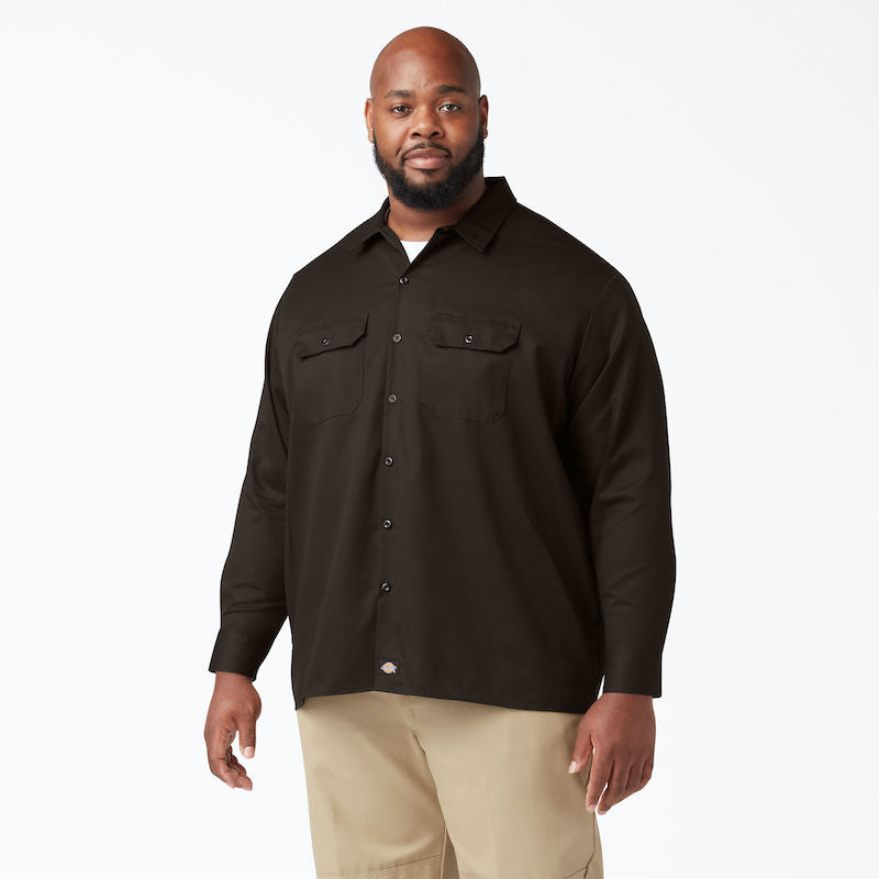 DICKIES WORK SHIRT LONG SLEEVE - DARK BROWN FRONT TWO