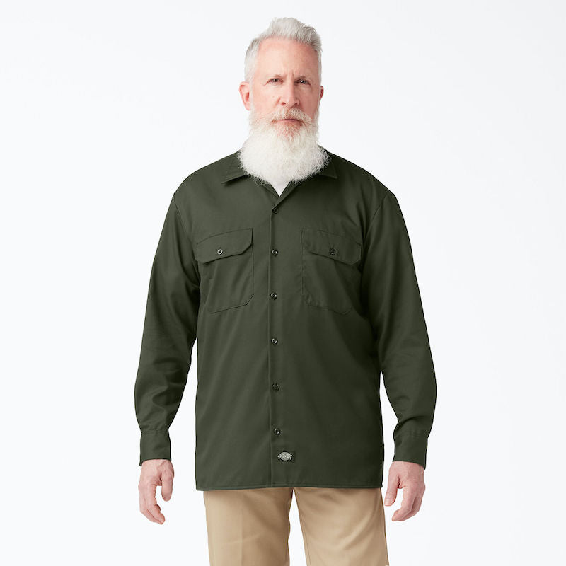 DICKIES WORK SHIRT LONG SLEEVE - OLIVE GREEN FRONT ONE